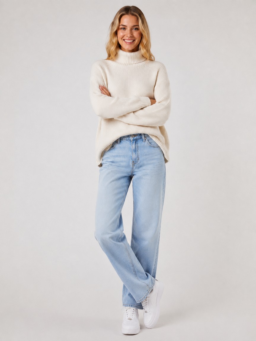 Cream turtleneck with light denim